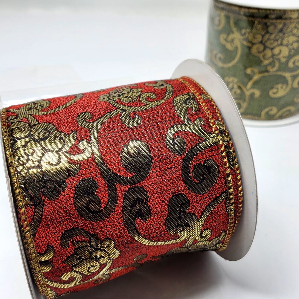 RAZ Imports Lot of 2 Christmas Paisley Wired Ribbon Green and Red NEW 10 YD